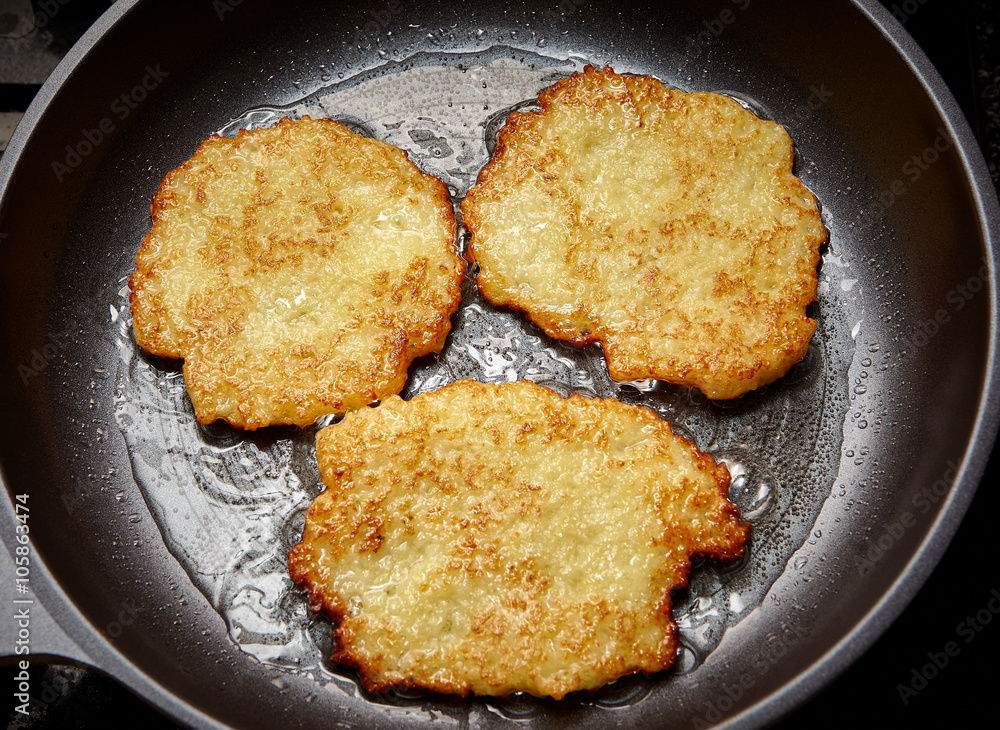 Potato pancakes in a frying pan . Food background Potato pancakes in a frying pan . Food background