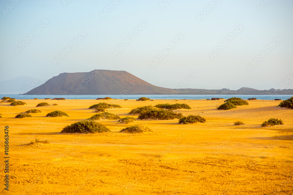 Corralejo dunes with Lobos island on the background on Fuerteventura island in Spain