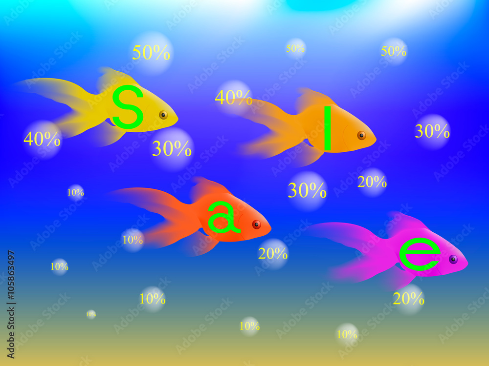 Naklejka premium Gold fish with the word sale / Gold fish under water with the word sell, the bubbles rise with numbers