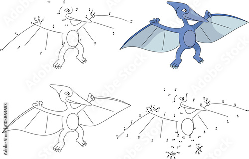 Cartoon pterodactyl. Coloring book and dot to dot game for kids