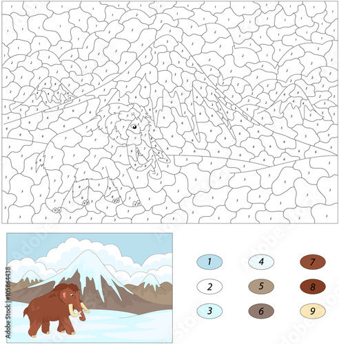 Cartoon mammoth on the background of the nature of the ice age.