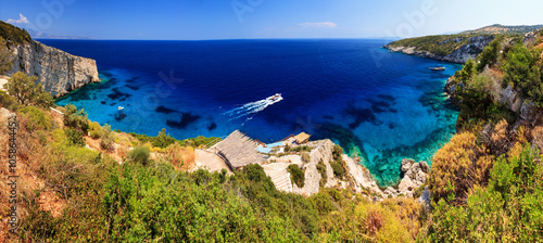 Beautiful panorama looking out over the Blue caves on the island of Zakynthos, Greece.