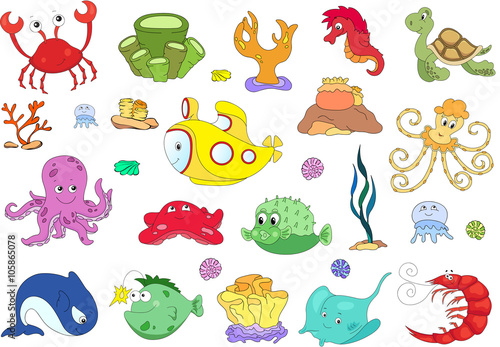 Ocean inhabitants and submarine. Octopus, jellyfish, starfish, s