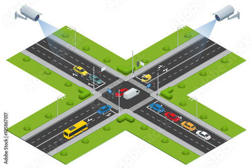 Security camera detects the movement of traffic. CCTV security camera on isometric illustration of traffic jam with rush hour. Traffic monitoring CCTV