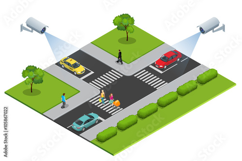 Security camera detects the movement of traffic. CCTV security camera on isometric of traffic jam with rush hour