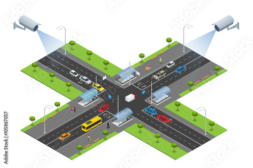 Security camera detects the movement of traffic. CCTV security camera on isometric of traffic jam with rush hour