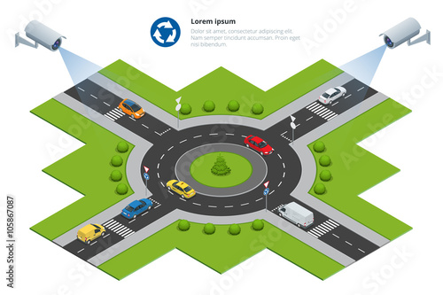 Security camera detects the movement of traffic. CCTV security camera on isometric of traffic jam with rush hour
