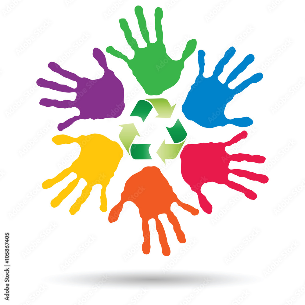 Concept circle of hands, green recycle symbol Concept circle of hands, green recycle symbol