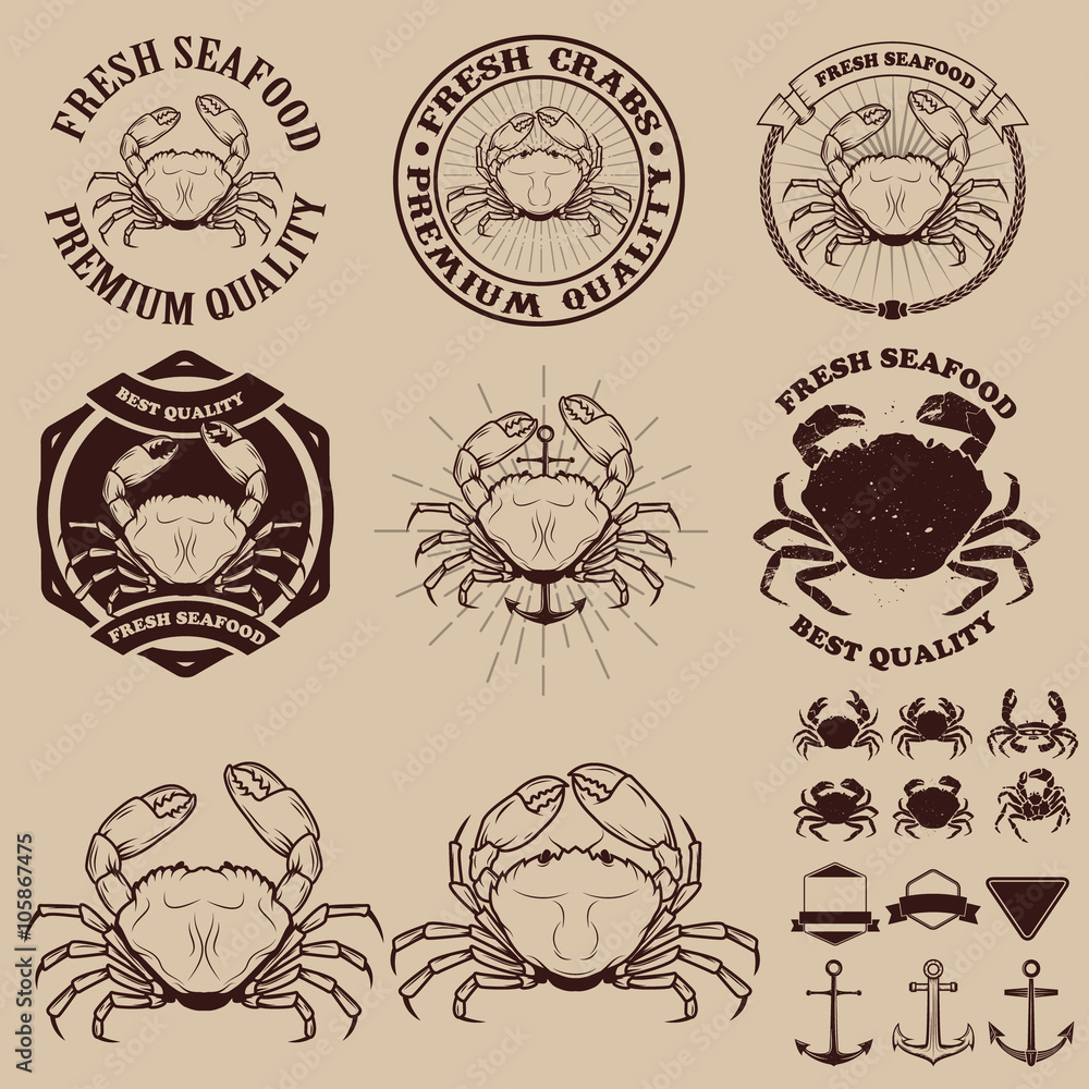 Naklejka premium Set of the crab meat labels, emblems and design elements.