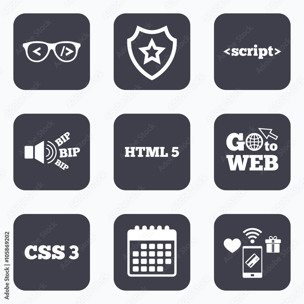 Programmer coder glasses. HTML markup language.