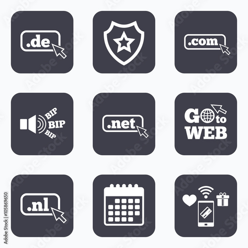 Top-level domains signs. De, Com, Net and Nl.