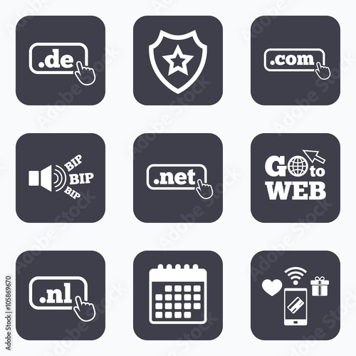 Top-level domains signs. De, Com, Net and Nl.