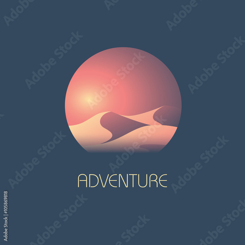 Desert landscape vector symbol with sand dunes during sunset. Outdoor adventures concept.