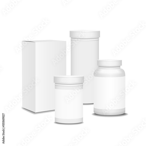 Blank set of plastic packaging bottles with box for pills, Vitamins or Capsules
