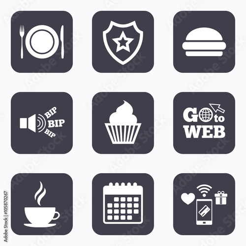 Food icons. Muffin cupcake symbol. Fork  knife.