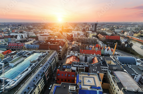Panorama of the city skyline in the evening Wroclaw,