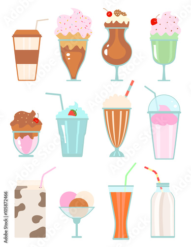 Collection of milkshakes with berries, milk beverages, ice cream