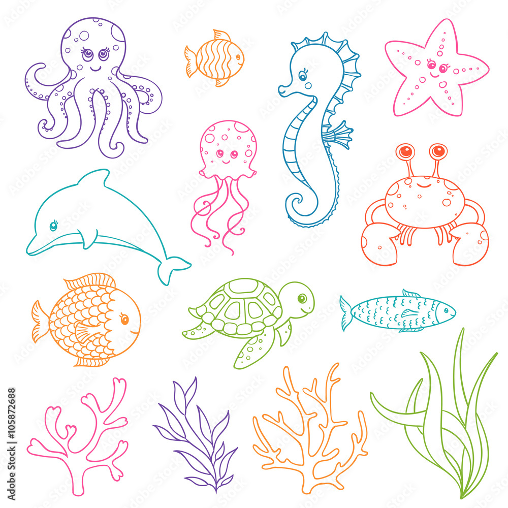 Vector Illustration of Cute Hand Drawn Sea Life Creatures