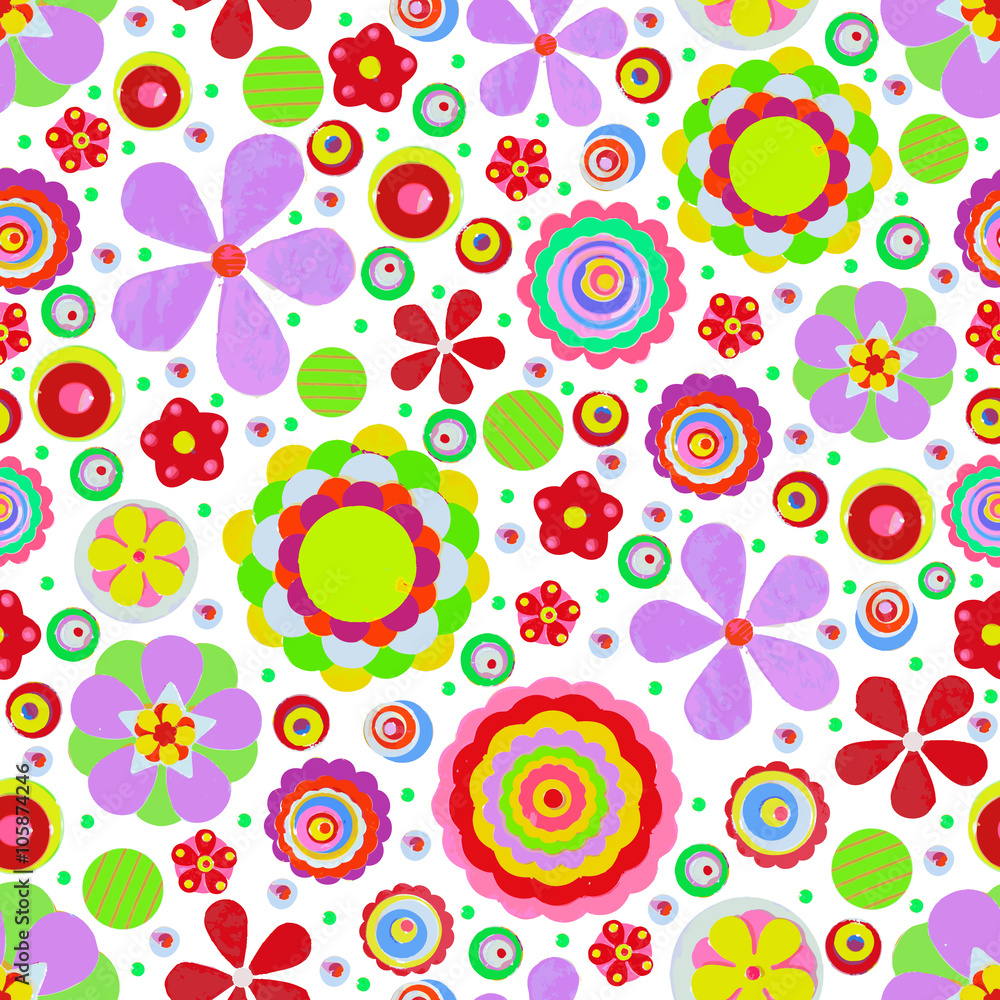 Fototapeta premium Seamless fantasy flower, plant vector pattern cheer up background. Made of acrylic, watercolor, handmade, from original canvas art. Grunge paint with brush stroke effect and scratches. 3d shadows.