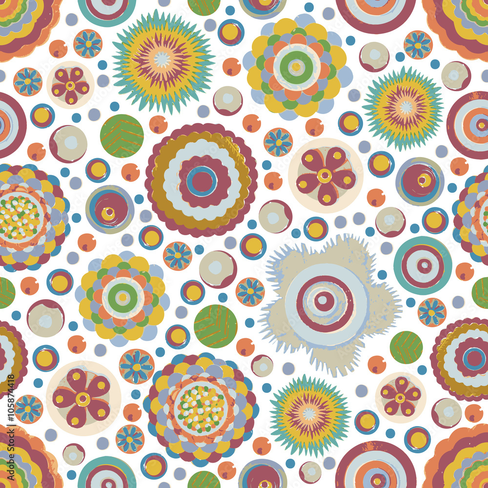 Fototapeta premium Seamless fantasy flower, plant vector pattern cheer up background. Made of acrylic, watercolor, handmade, from original canvas art. Grunge paint with brush stroke effect and scratches. 3d shadows. 
