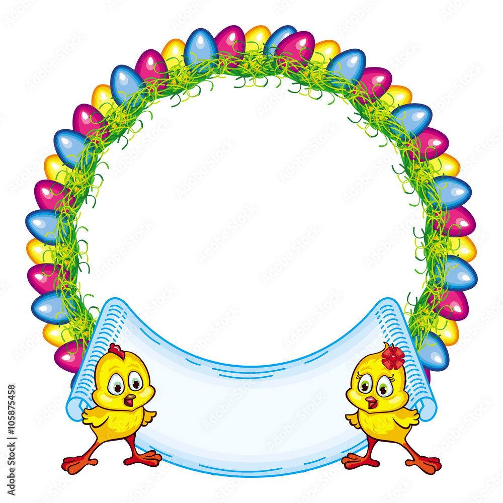 Obraz premium Round frame with cartoon chicken and Easter eggs
