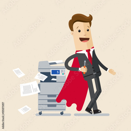Illustration of employee, office master.  A  man  in a suit of super hero stand near a printer. Vector, EPS 10