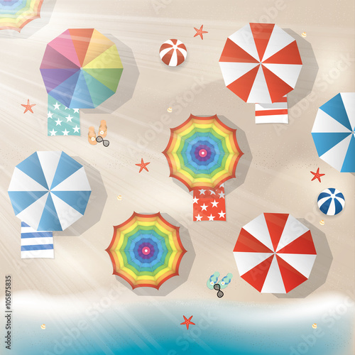 Bright Illustration of colorful parasols and sea