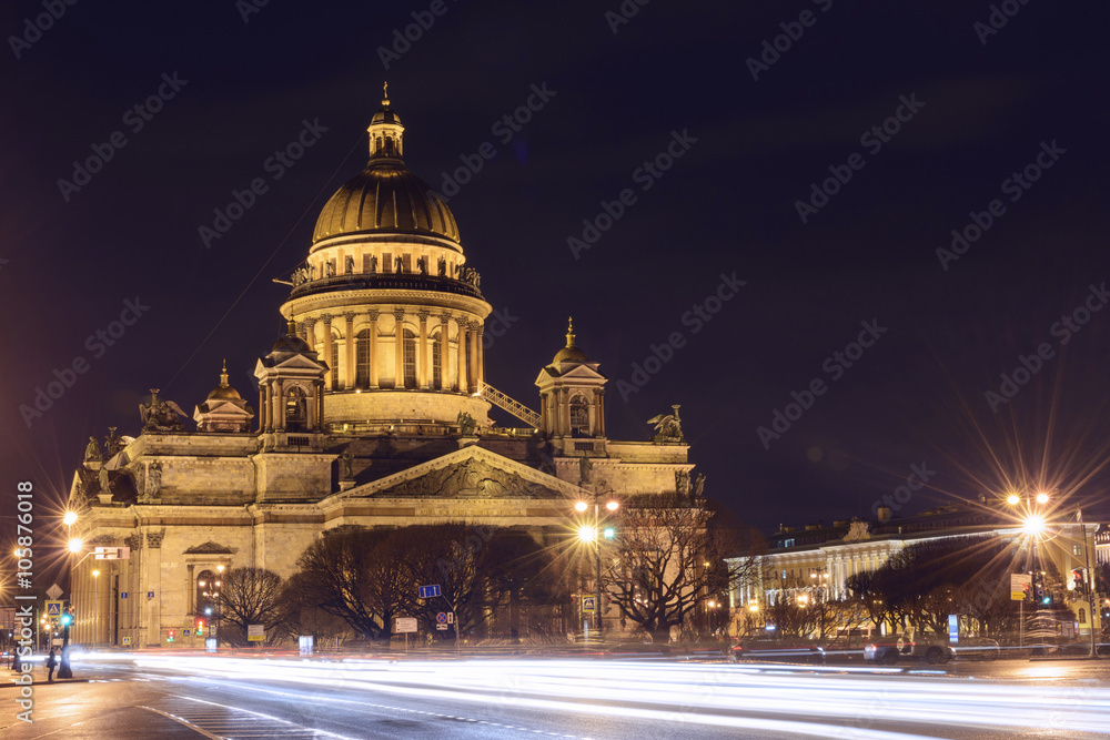 View of St. Isaac's Cathedral at night, Saint-Petersburg