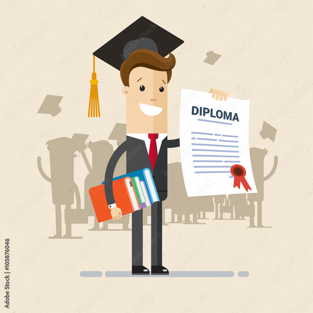 Illustration of obtaining degree, diploma of university, college or business school. A man in a