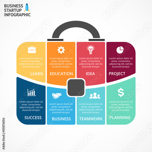 Vector briefcase infographic. Template for bag diagram, graph, presentation, round chart. Business professional portfolio with 8 options, parts, steps or processes. Travel and tourism concept.