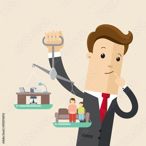 Manager or employee holds in his hands a scales. Career and family are on the scales. Businessman trying to balance his life. Illustration, vector EPS 10