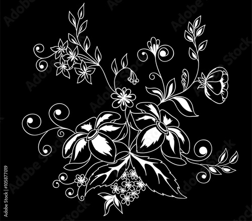 beautiful monochrome black and white flowers and leaves isolated.