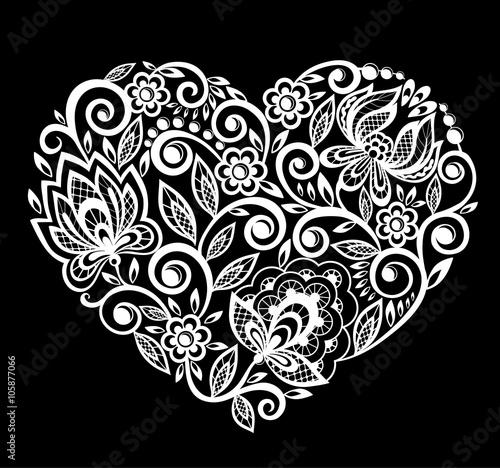 silhouette of heart lace flowers, leaves. Isolated on white.