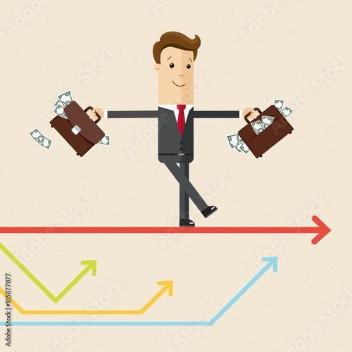 Manager or businessman is balancing on a tightrope like a ropewalker and holds in his hands briefcases full of money. Flat, illustration, vector