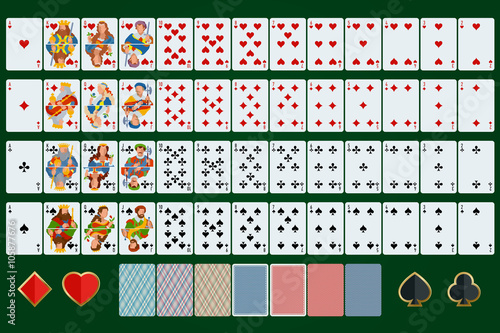 Poker cards full set. Flat design. Poker set with isolated cards on green background