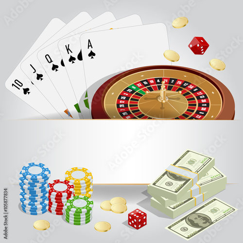 Casino concept. Casino background with cards, chips, craps and roulette. Flat 3d vector isometric illustration