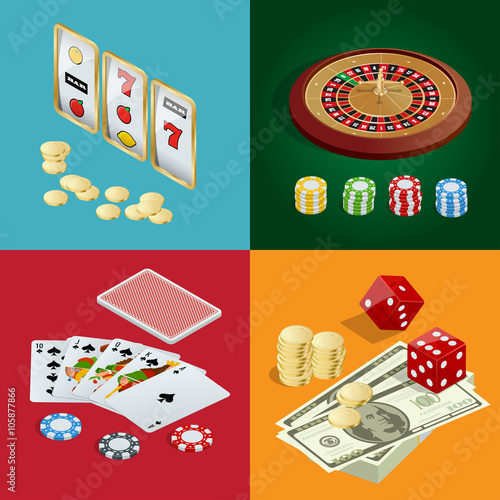 Casino concept. Casino background with cards, chips, craps and roulette. Flat 3d vector isometric illustration