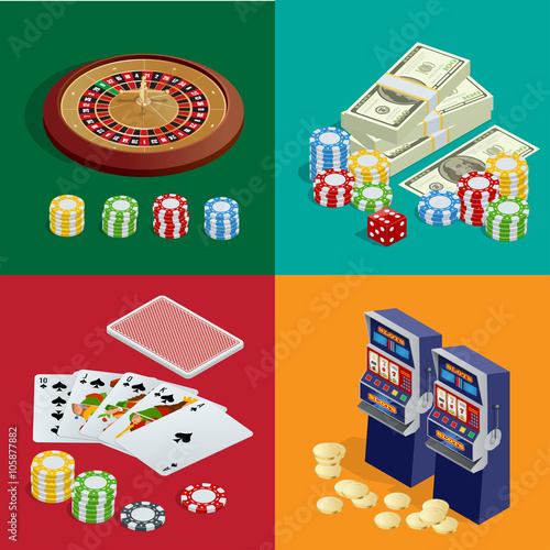 Casino concept. Casino background with cards, chips, craps and roulette. Flat 3d vector isometric illustration
