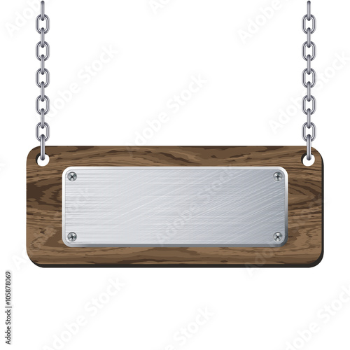 Metal plate on wooden plank hanging on chain. Vector illustratio