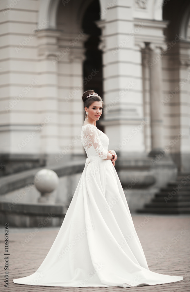 Wonderful bride with a luxurious white dress posing in the old town Wonderful bride with a luxurious white dress posing in the old town