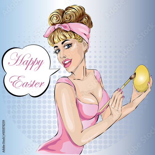 Pin-up sexy woman paints easter egg