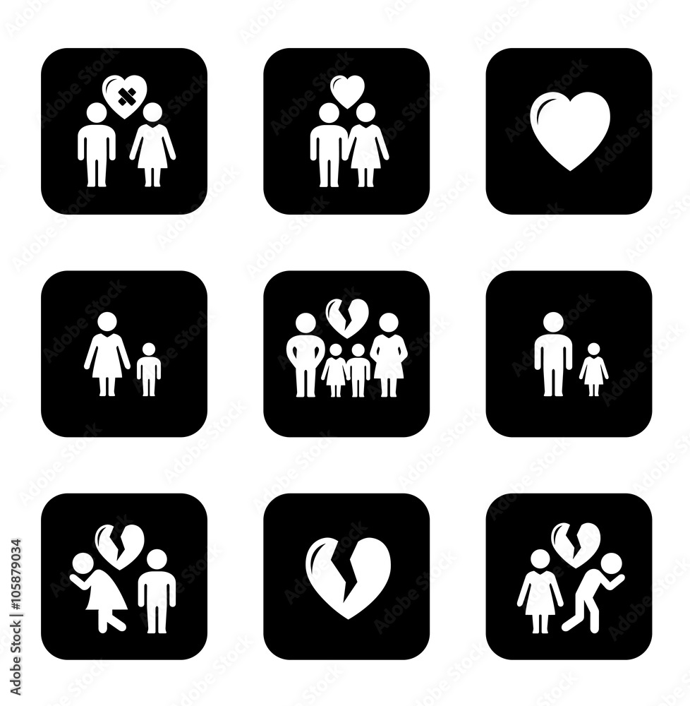 couple breakup, divorce black icons set couple breakup, divorce black icons set