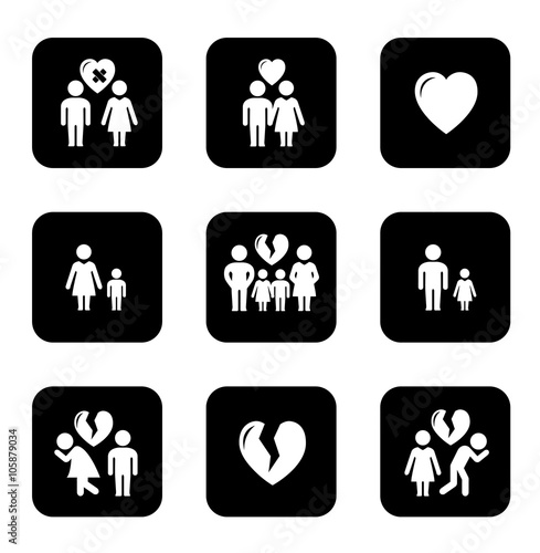 couple breakup, divorce black icons set