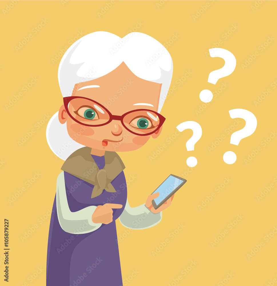 Old woman and modern phone. Vector flat cartoon illustration Old woman and modern phone. Vector flat cartoon illustration