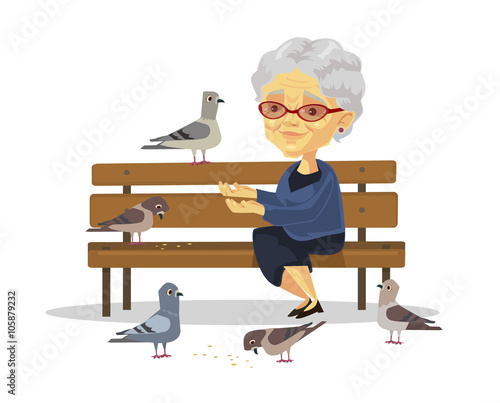 Old woman feeding birds. Vector flat illustration