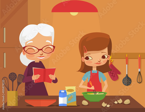 Grandmother and granddaughter cook. Vector flat cartoon illustration