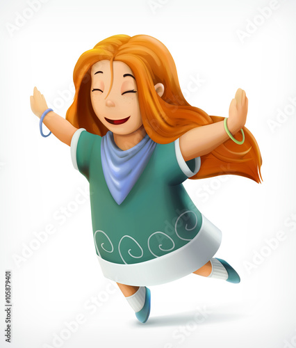 Happy girl, dance with joy, freedom from care, little girl jumping from happiness, enjoy life, positive emotions, woman and serenity, vector icon isolated on white background