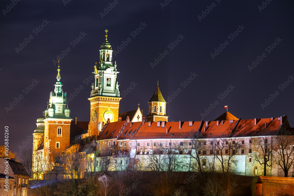 Wawel Castle in the night in Krakow, Poland