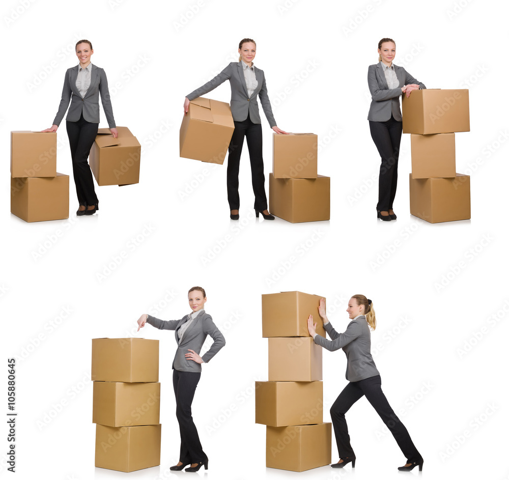 Composite image of woman with boxes on white Composite image of woman with boxes on white