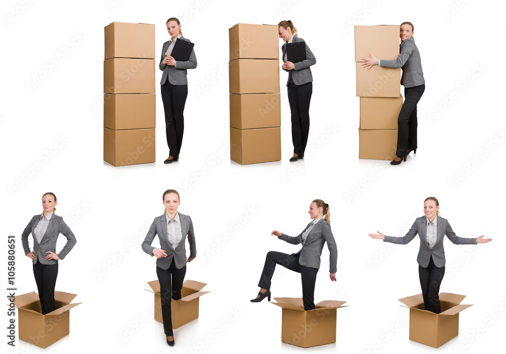 Composite image of woman with boxes on white Composite image of woman with boxes on white